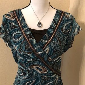 Style & Co. V-neck Brown w Blue/Green Mesh Overlay